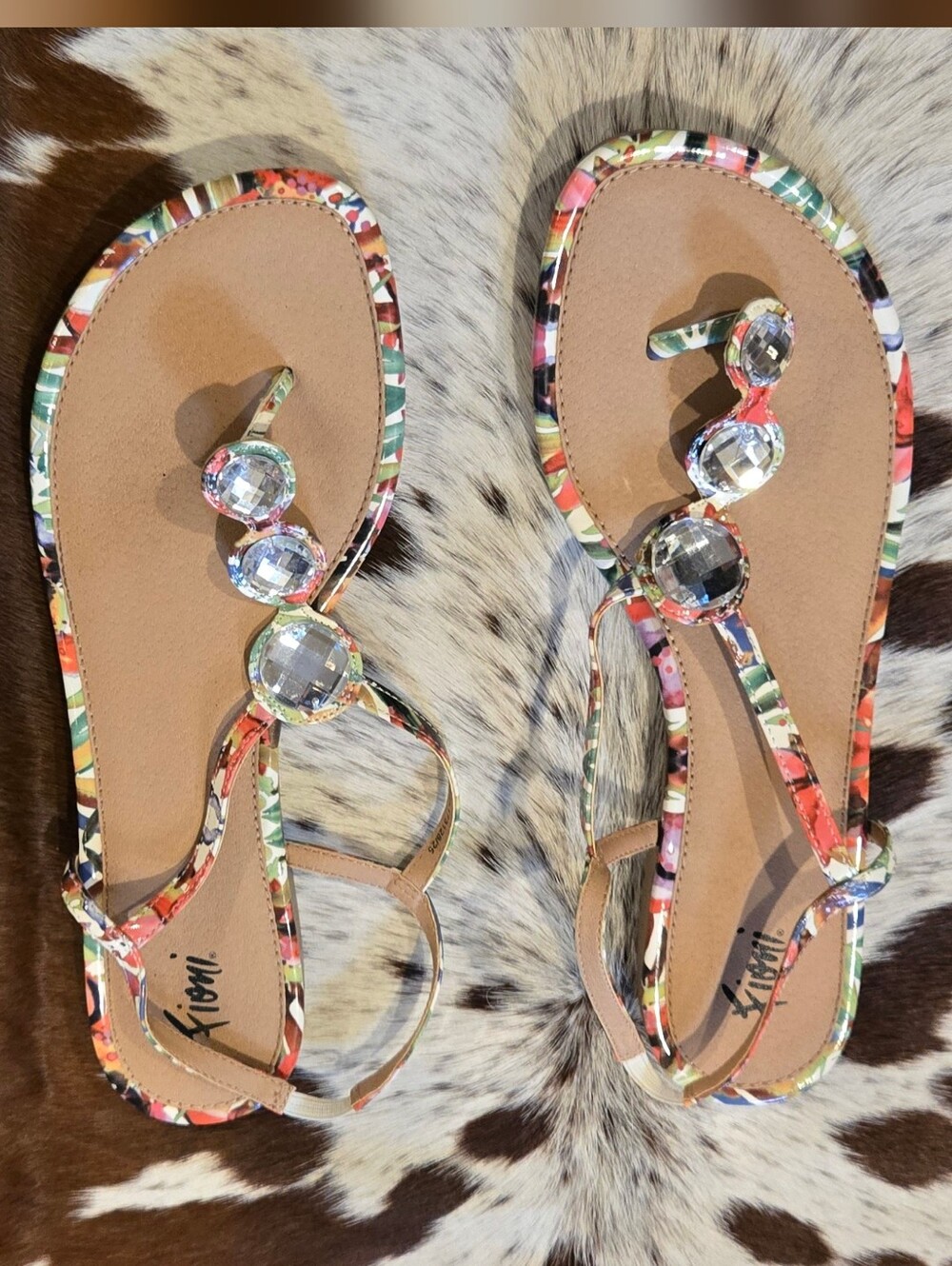 Multicolor Floral Jeweled T-Strap Sandals - Women